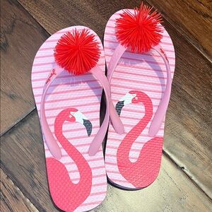 Joules Pink Flamingo Flip Flops with Red Pom-Poms